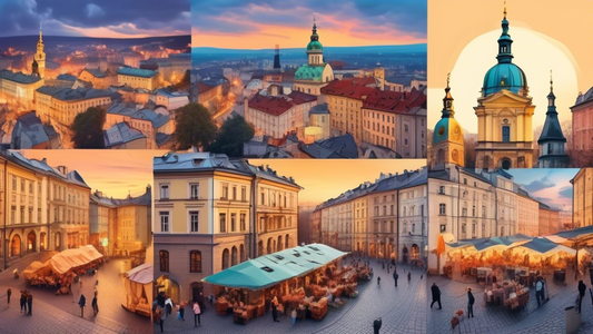 An enchanting collage showcasing the top 5 activities in Lviv, Ukraine for 2024, blending historic architecture, vibrant street markets, cozy coffee shops, panoramic city views, and an artistic cultural festival, all under a luminous dusk sky.