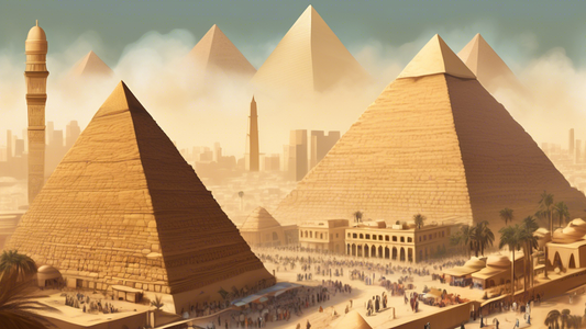 An artistic representation of the Giza Pyramids side by side with the bustling streets of modern Cairo, showcasing the blend of ancient history and contemporary Egyptian culture.