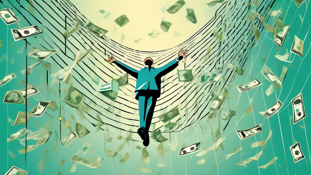 A digital illustration of a secure safety net made of dollar bills and credit cards gently catching a falling person, symbolizing financial security, with the Chime logo shining softly in the background.