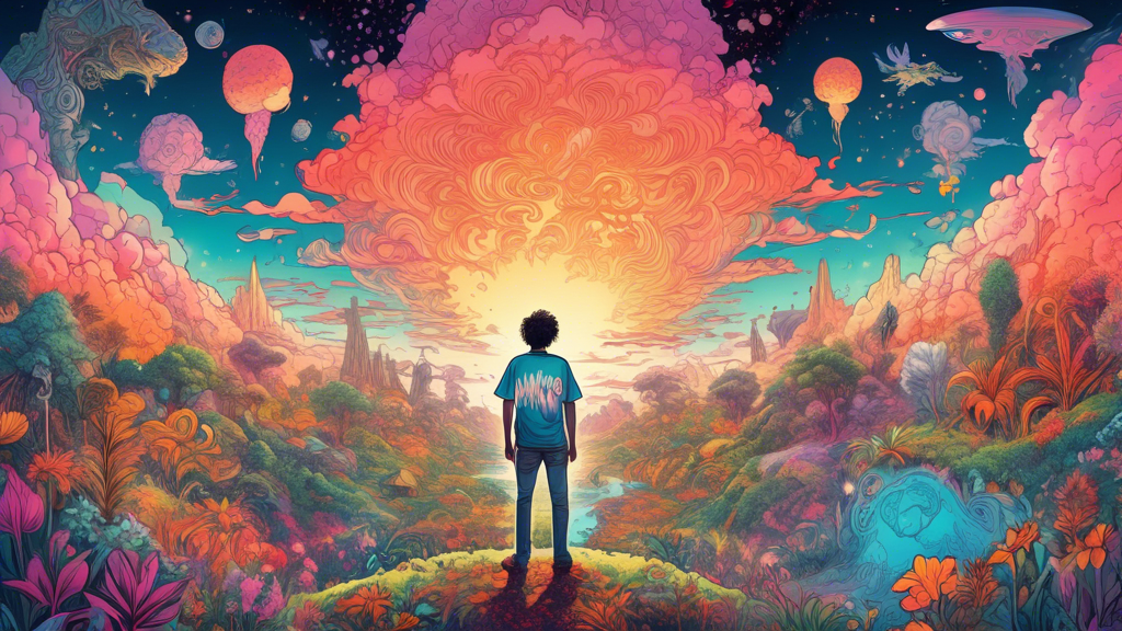 Detailed illustration of a person wearing a 'Mamono World: Am I Nothing To You' shirt, standing in a fantastical landscape filled with mythical creatures and vibrant flora, under a glowing, enchanted sky.