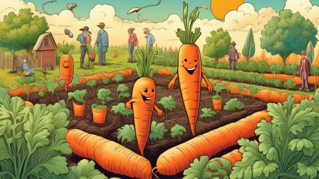 Whimsical, oddly-shaped carrots growing out of the earth in a vibrant, well-tended vegetable garden, with curious gardeners examining their unusual harvest under a sunny sky.