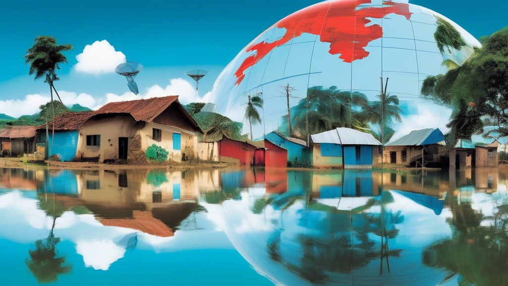 A flooded village with a satellite dish in the foreground and a world map reflected in the water.