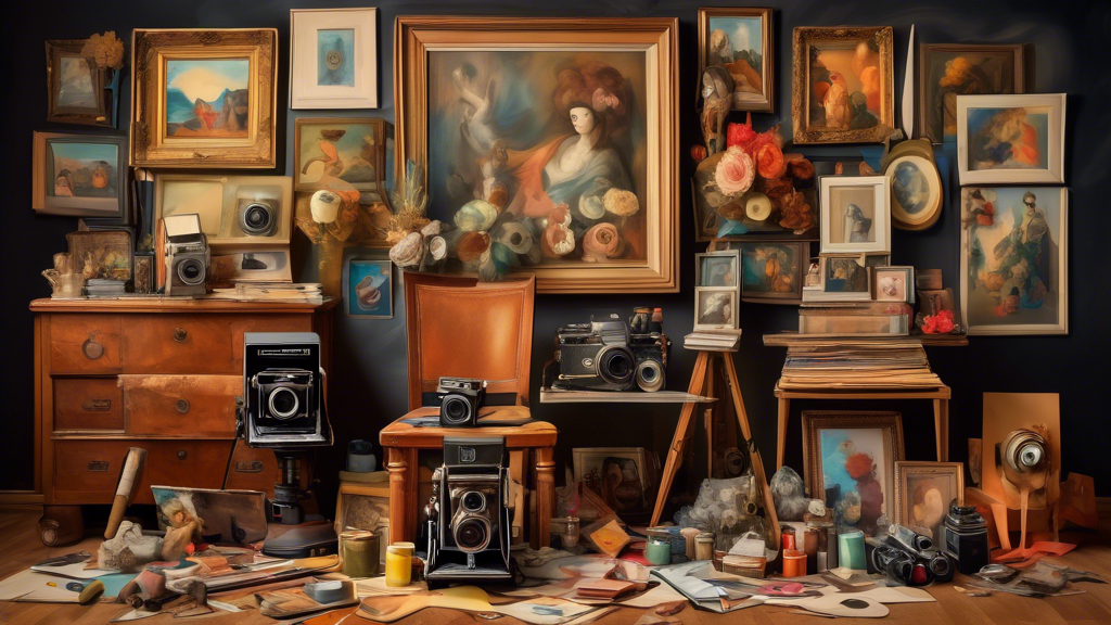 A vintage camera surrounded by classic paintings, sculptures, and art supplies, all under a giant question mark, in an abstract, thought-provoking setting.