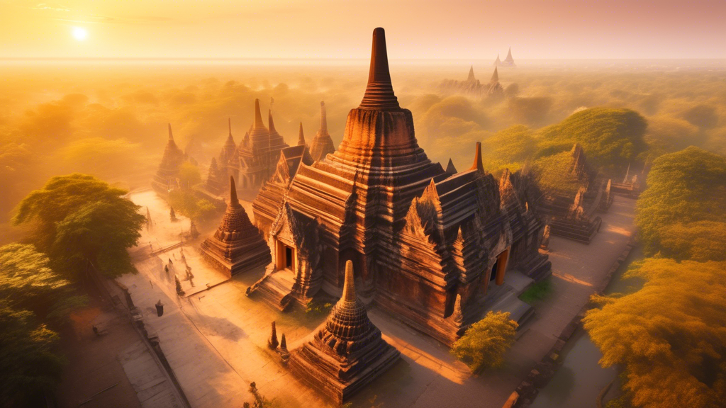 A drone shot of ancient temples in Ayutthaya, Thailand, bathed in the golden light of sunrise