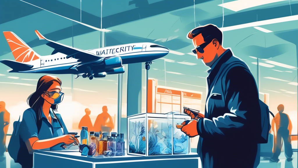 An illustration of a traveler at an airport security checkpoint, carefully placing electronic cigarettes and vapes into a transparent security bin under the watchful eye of a TSA agent, with airplanes taking off in the background.