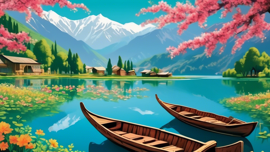 A breathtaking view of a serene lake surrounded by lush green mountains under a clear blue sky in Kashmir, Pakistan, with traditional wooden boats and blooming flowers in the foreground, encapsulating the paradise-like beauty of the region.