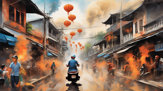 Create an image of chaos in the streets of Chiang Mai, Thailand: depict distressed locals and tourists amidst swirling clouds of smoke, damaged buildings, and emergency responders. Blend traditional T