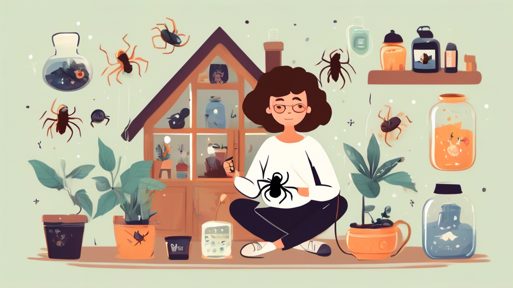 A cute cartoon illustration of a person gently holding a tarantula, surrounded by small icons of essential spider care items like a terrarium, water dish, and insect food, with a cozy home background.