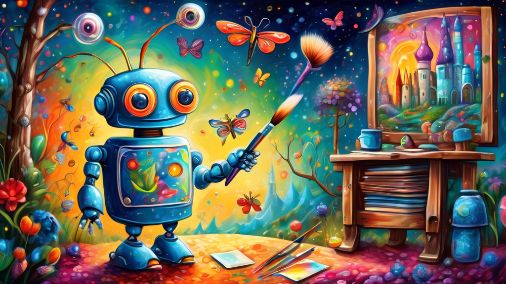 A friendly robot using a paintbrush to create a fantastical world on a canvas, with a whimsical storybook open beside it and a sparkling, magical background.