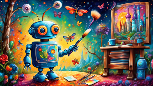 A friendly robot using a paintbrush to create a fantastical world on a canvas, with a whimsical storybook open beside it and a sparkling, magical background.