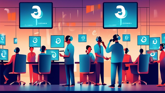 An illustration of a modern customer service center with digital screens displaying rupee symbols and headsets, with employees assisting customers over the phone.