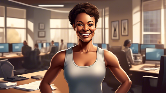 Detailed portrait of a strong, confident woman in a muscle shirt, smiling as she meets with a professional in a cozy, modern office setting, symbolizing the start of a successful business partnership.