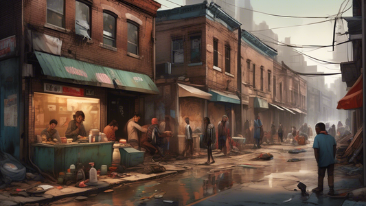 A detailed, melancholic street scene set in a worn-down urban area, showcasing dilapidated buildings and struggling small businesses. Diverse groups of people are depicted in various stages of daily l