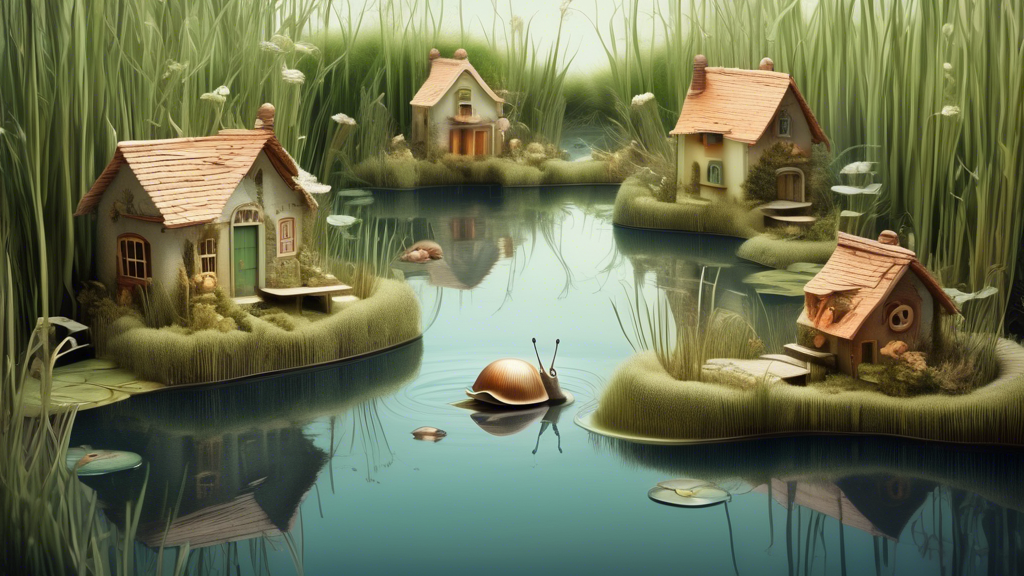 A whimsical illustration of a pond designed for snails, with miniature houses and tiny bridges amongst the reeds.