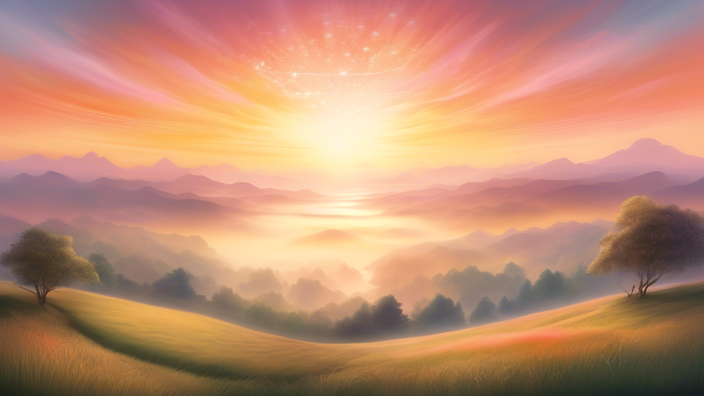 An ethereal sunrise over a serene landscape, symbolizing a new beginning and the awakening of the world.