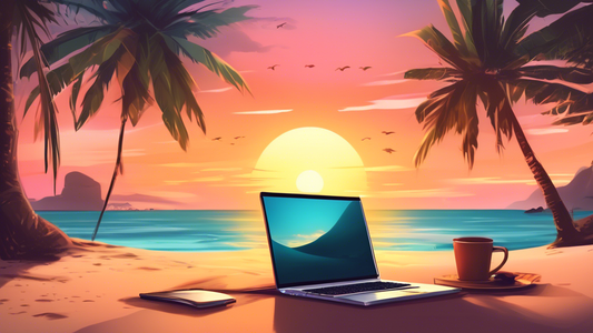 Serene laptop workspace on a tropical beach with a picturesque sunset in the background, symbolizing the digital nomad lifestyle.