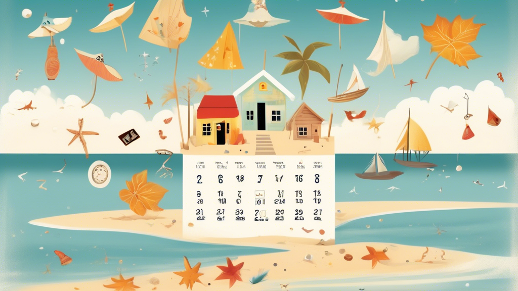 A whimsical calendar floating above a serene beach with symbols marking secret vacation seasons, under a sky transitioning from spring to summer, autumn, and winter.