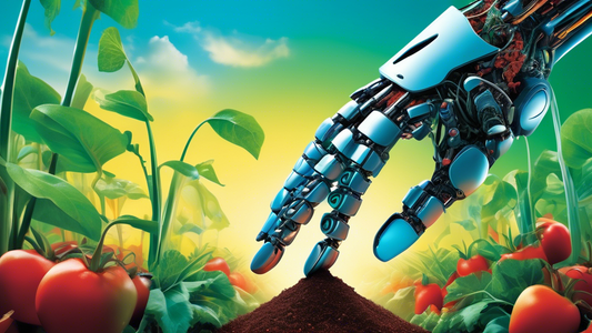 A robotic arm gently placing a glowing seed into fertile ground, surrounded by lush, vibrant crops growing at an accelerated rate.