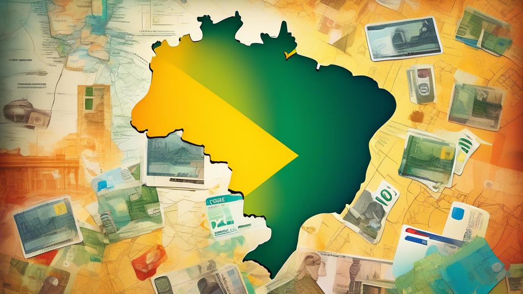 A vibrant digital collage showcasing various online payment methods, overlaid on a map of Brazil.