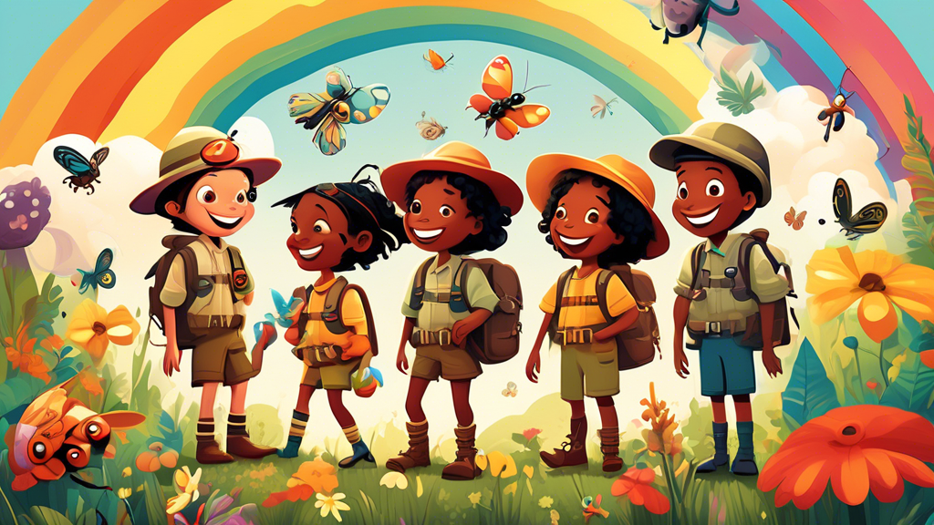 A whimsical illustration of a group of diverse children dressed as explorers in a lush garden, with oversized, friendly-looking cartoon bugs, showing kids interacting with butterflies, ladybugs, and beetles, under a sunny sky filled with rainbows and