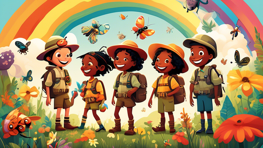 A whimsical illustration of a group of diverse children dressed as explorers in a lush garden, with oversized, friendly-looking cartoon bugs, showing kids interacting with butterflies, ladybugs, and beetles, under a sunny sky filled with rainbows and