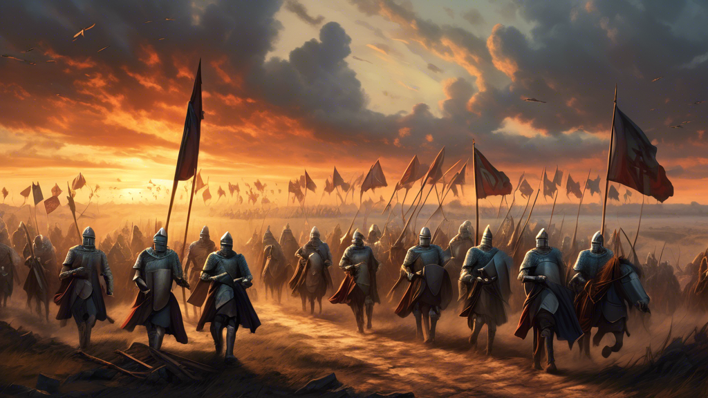 An epic medieval battlefield scene at sunrise with knights carrying flags emblazoned with crosses, preparing for a pivotal crusade, castles in the distant horizon, and a dramatic sky symbolizing a decisive moment in history.