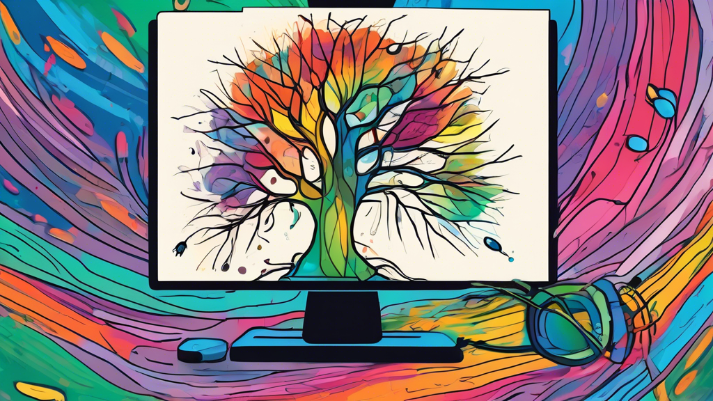 A child's messy painting of a colorful tree being scanned into a computer, transforming into a clean, minimalist line art graphic on the screen.