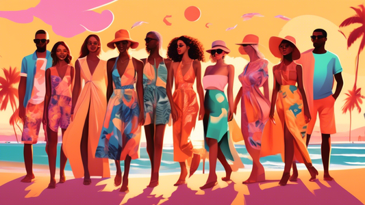 Create a vibrant collage showcasing diverse groups of people modeling the trendiest summer outfits of 2024 at a picturesque beach during sunset.