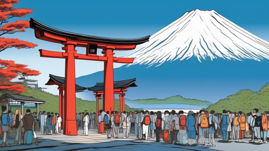 Illustration of a traditional Japanese gate (torii) with an automated toll booth at the base of Mt. Fuji, as tourists with backpacks queue up to pay under a clear blue sky.