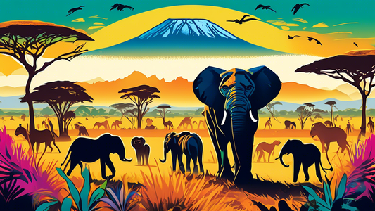 Create a vibrant and colorful illustration of a traveler exploring the Serengeti National Park in Tanzania, with the iconic Mount Kilimanjaro in the background, surrounded by a diverse array of wildlife including lions, elephants, and giraffes.