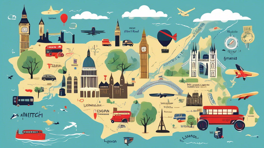 An illustrated map showing the journey from Antioch, Tennessee, USA, to London, England, with colorful icons representing landmarks, airplanes, and cultural symbols of both locations.