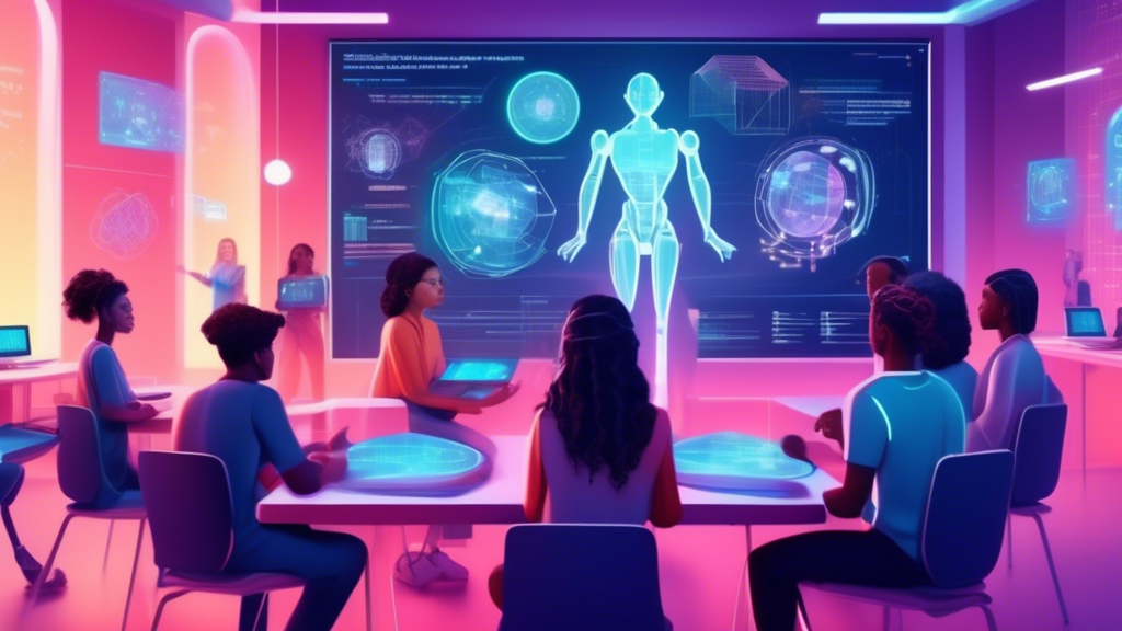 An image of a futuristic AI classroom with students from diverse backgrounds engaging in interactive data science projects, with 'Sekolah Data Pacmann Project' holographically displayed above.