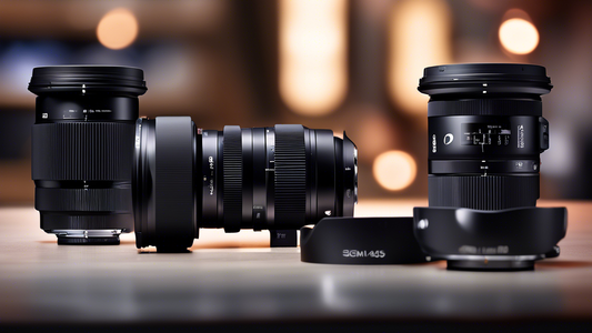 An enticing image of the SIGMA 28-45mm F1.8 DG DN Art Lens prominently displayed with pre-order tags, featuring compatibility icons for Sony E-mount and L-mount, set against a backdrop of a bustling photography studio.