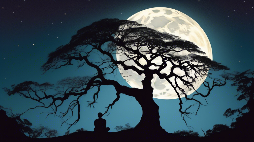 DALL-E prompt:

A serene moonlit night scene with a lone figure silhouetted against a glowing full moon, sitting beneath a large, gnarled old tree with spreading branches, creating an atmosphere of pa