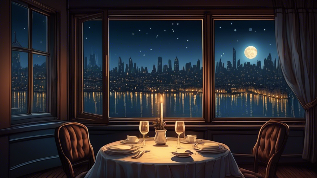Detailed artwork of a cozy, candlelit table set for one in an elegant restaurant, with a picturesque window view of a moonlit cityscape.