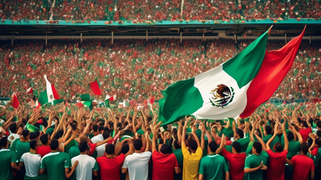 A packed football stadium in [City], Texas with the Mexican flag waving proudly as the Mexico National Team players celebrate a goal, fireworks going off in the background.