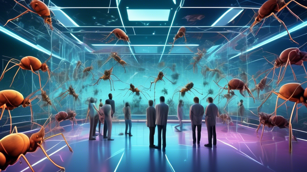 Digital art of a futuristic virtual ant farm simulation on a high-tech computer screen, showcasing diverse ant species collaborating in a digitized habitat, with a background of curious humans interacting through holographic interfaces.