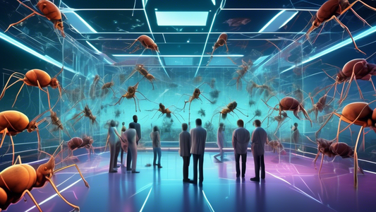 Digital art of a futuristic virtual ant farm simulation on a high-tech computer screen, showcasing diverse ant species collaborating in a digitized habitat, with a background of curious humans interacting through holographic interfaces.