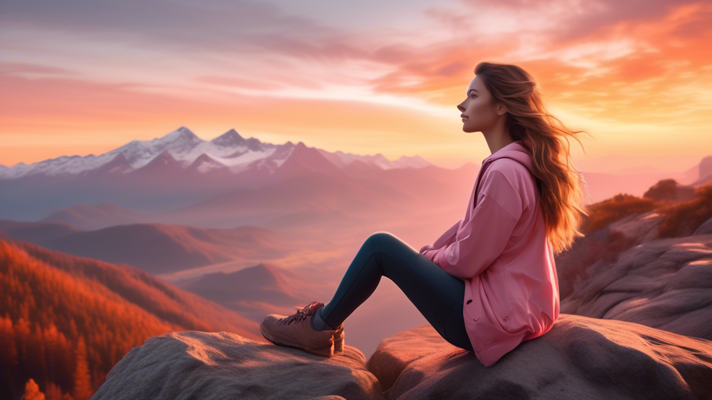 A breathtaking natural scene at sunrise: a young woman with flowing hair sits confidently on a rocky cliff, her feet dangling over the edge as she gazes thoughtfully at a distant, majestic mountain ra