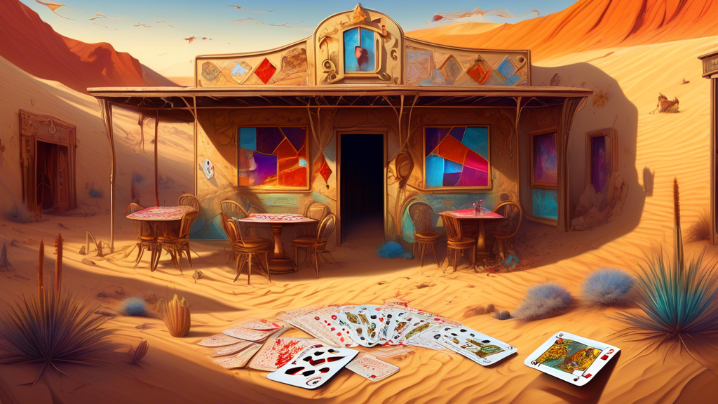 A shimmering mirage of a saloon in the desert, with playing cards swirling around it and a tattered map emerging from the sand in the foreground.