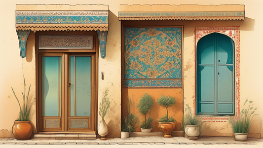 Detailed illustration of a traditional Iranian house in the Tehranpars district with a signboard showcasing contact information.