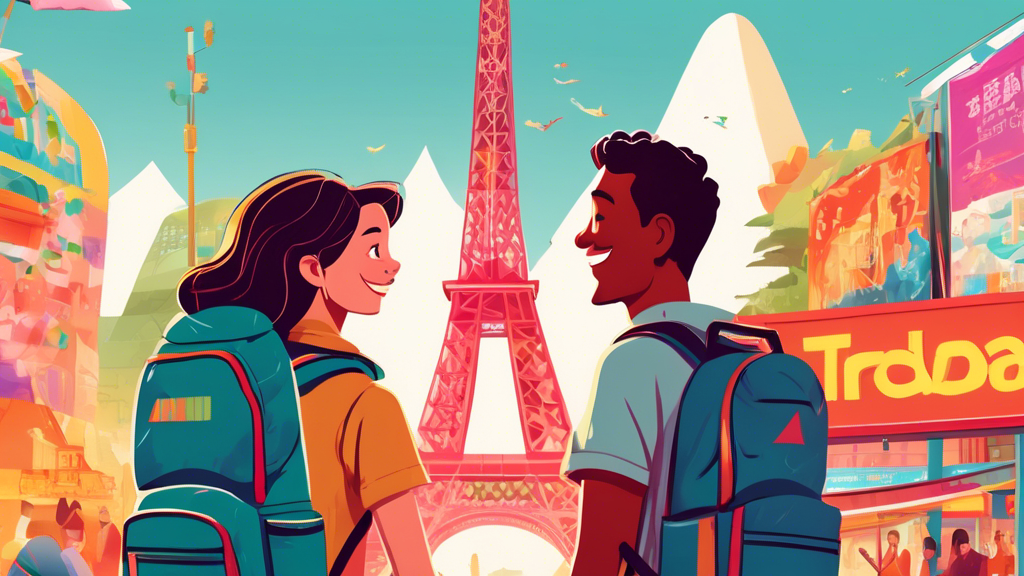 An illustration of a happy couple with backpacks standing in front of a large, colorful billboard that reads 'Tourradar Best Discounts!' with iconic world landmarks like the Eiffel Tower, Great Wall of China, and Egyptian pyramids in the background.