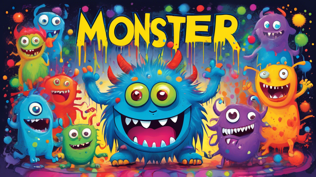 A colorful children's book illustration with a friendly monster making a silly face, surrounded by paint splatters and the title Magic Faces: Monster Mayhem.