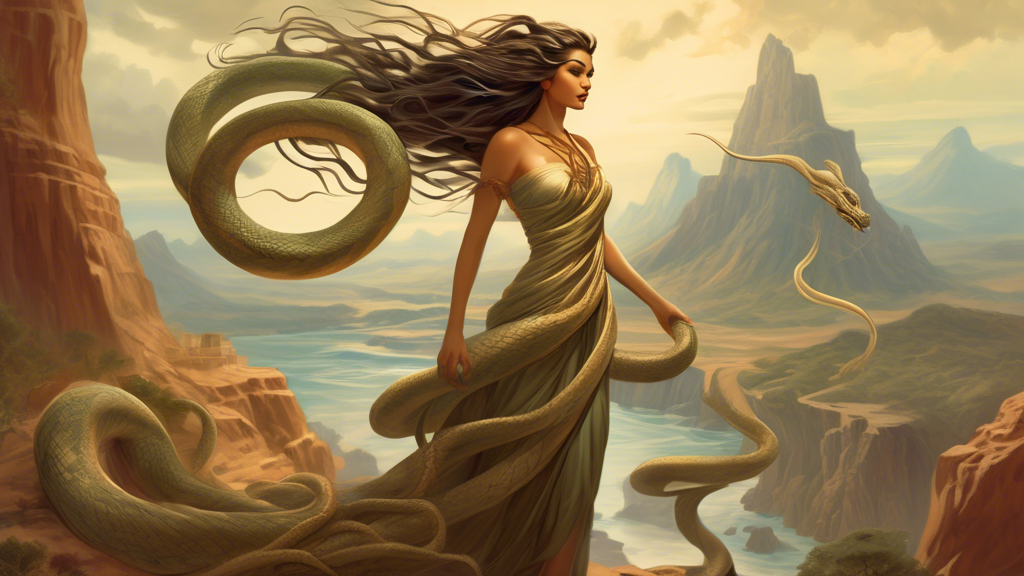 Depict a majestic woman with long, serpent-like hair entwining around the forceful and visibly animated West Wind, set against an ancient mythical landscape backdrop.