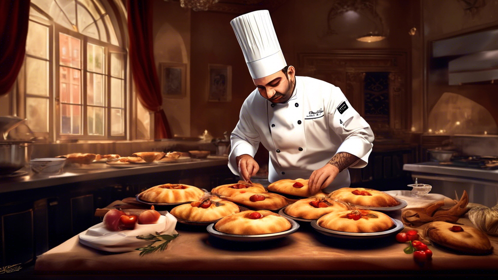 An elegant dining scene showcasing Armenian chef Karen Torosyan preparing his signature roasted pies in the kitchen of Bozar Restaurant, with the ambiance capturing the essence of French cuisine.