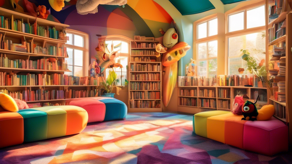 A cozy and whimsical children's bookstore filled with colorful books, plush toys, and comfortable reading nooks, bathed in warm sunlight.