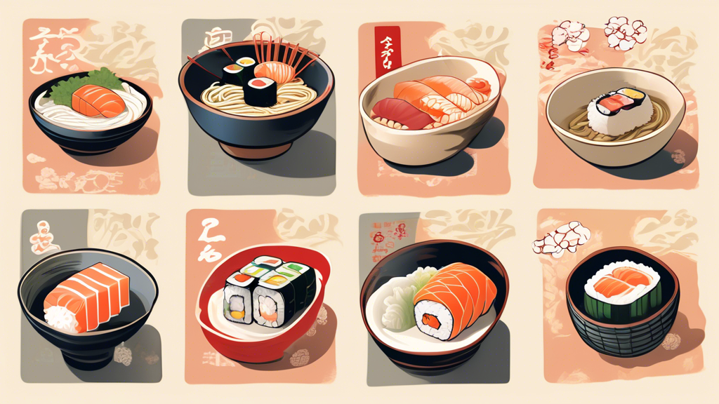 A series of illustrations demonstrating the correct and incorrect ways to eat traditional Japanese foods, including sushi, ramen, and soba noodles, depicted side by side with cultural symbols and etiquette guides in the background.