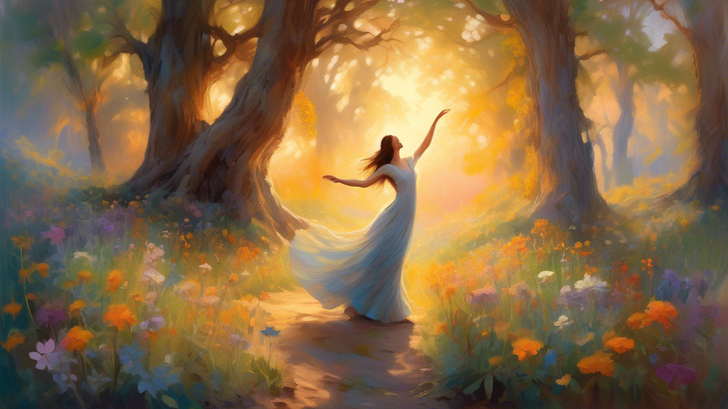 An ethereal figure gracefully dancing among towering ancient trees, with wildflowers blooming at every step, under the soft glow of a setting sun, illustrating harmony between humans and the Earth, all in the style of an impressionist painting.