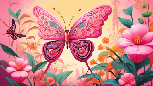 A pink butterfly with intricate patterns on its wings perched on a flower in a sunlit garden