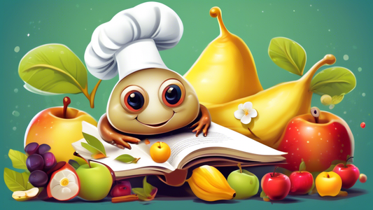 A happy snail wearing a chef's hat, surrounded by safe fruits like apples, pears, and bananas